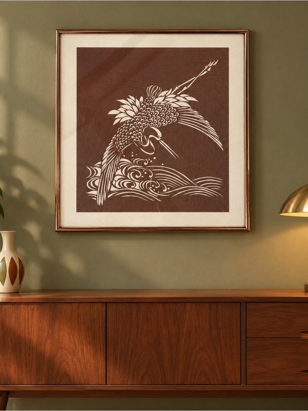 Vintage Asian Phoenix Bird Framed Wall Art Brown Cream Copper Tone MCM Décor